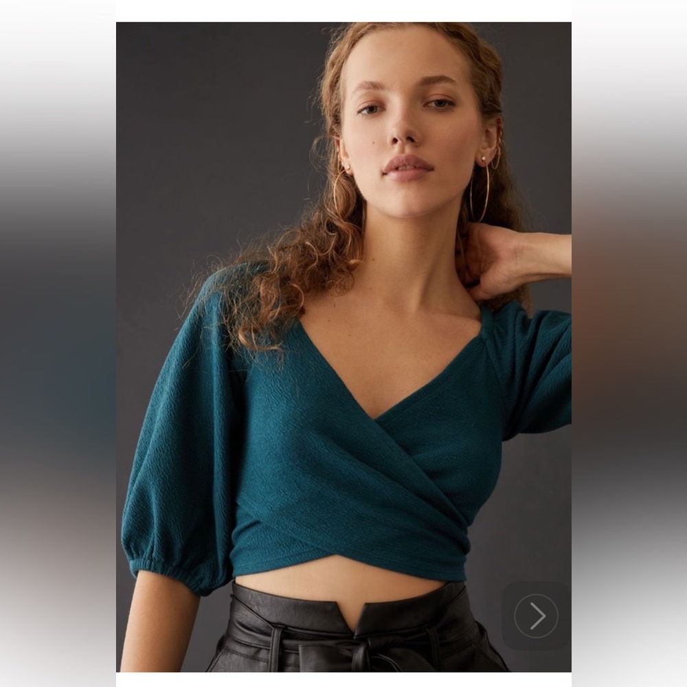 Maeve by Anthropologie Teal Cross body Crop top Puff sleeve NWT XS
